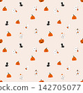 Cute Halloween Seamless Pattern with Ghosts, Pumpkins, and Black Cats 142705077