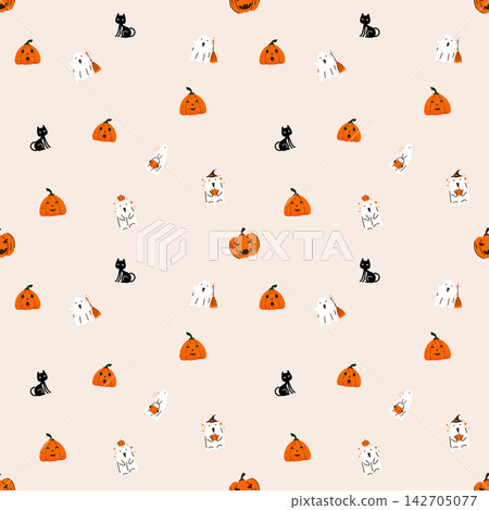 Cute Halloween Seamless Pattern with Ghosts, Pumpkins, and Black Cats Cute Halloween Seamless Pattern with Ghosts, Pumpkins, and Black Cats 142705077