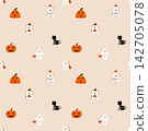 Cute Halloween Seamless Pattern with Ghosts, Pumpkins, and Black Cats 142705078