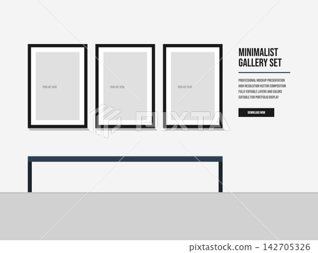 Minimalist Gallery Set with Three Black Photo Frames on White Wall Mockup Minimalist Gallery Set with Three Black Photo Frames on White Wall Mockup 142705326