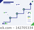 Flat Design Business Growth Infographic with Upward Arrow and Data Dashboards 142705334