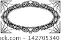 Gothic Halloween oval frame with skulls and spider webs, vintage black and white vector illustration 142705340