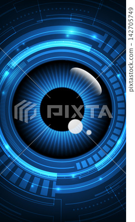 Futuristic cyber digital eye vector illustration on dark blue background with glowing light, vertical format, AI vision, iris scan, biometric cybersecurity, facial recognition technology concept Futuristic cyber digital eye vector illustration on dark blue background with glowing light, vertical format, AI vision, iris scan, biometric cybersecurity, facial recognition technology concept 142705749