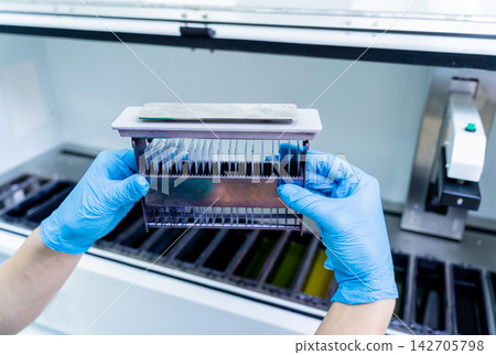 Laboratory assistant works with automatic multi slides stainer at the modern laboratory. Laboratory assistant works with automatic multi slides stainer at the modern laboratory. 142705798