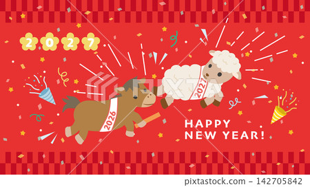 2027年（羊年）新年賀卡圖片：一匹馬將接力棒傳給一隻羊（16:9寬高比） 142705842