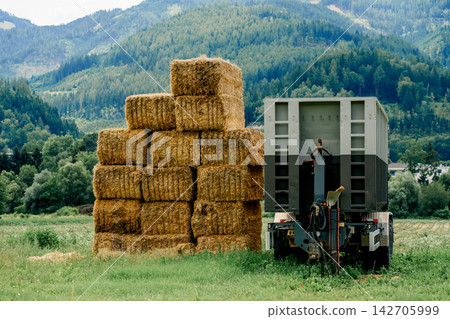 Hay bales stand beside a field trailer in a green field with mountains. Concept of farming, harvest, transport, storage, agriculture and rural life Hay bales stand beside a field trailer in a green field with mountains. Concept of farming, harvest, transport, storage, agriculture and rural life 142705999
