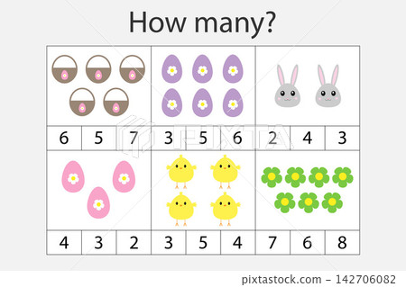 How many counting game with easter pictures for kids, educational maths task for the development of logical thinking, preschool worksheet activity, count and choose the answer, vector illustration How many counting game with easter pictures for kids, educational maths task for the development of logical thinking, preschool worksheet activity, count and choose the answer, vector illustration 142706082