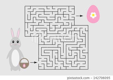 Easter labyrinth game, help the bunny to find a way out of the maze, cute cartoon character, preschool worksheet activity for kids, task for the development of logical thinking, vector illustration Easter labyrinth game, help the bunny to find a way out of the maze, cute cartoon character, preschool worksheet activity for kids, task for the development of logical thinking, vector illustration 142706095