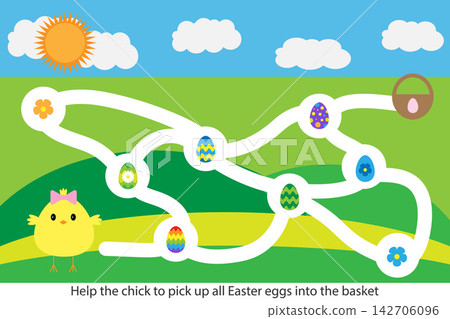 Easter labyrinth maze game, help the chick to pick up all eggs, cute cartoon character, preschool worksheet activity for kids, task for the development of logical thinking, vector illustration Easter labyrinth maze game, help the chick to pick up all eggs, cute cartoon character, preschool worksheet activity for kids, task for the development of logical thinking, vector illustration 142706096