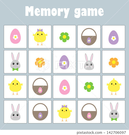 Memory game with pictures decoration easter eggs for children, fun education game for kids, preschool activity, task for the development of logical thinking, vector illustration Memory game with pictures decoration easter eggs for children, fun education game for kids, preschool activity, task for the development of logical thinking, vector illustration 142706097