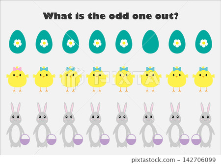What is the odd one out for children, easter bunny, chick in cartoon style, fun education game for kids, preschool worksheet activity, task for the development of logical thinking, vector illustration What is the odd one out for children, easter bunny, chick in cartoon style, fun education game for kids, preschool worksheet activity, task for the development of logical thinking, vector illustration 142706099