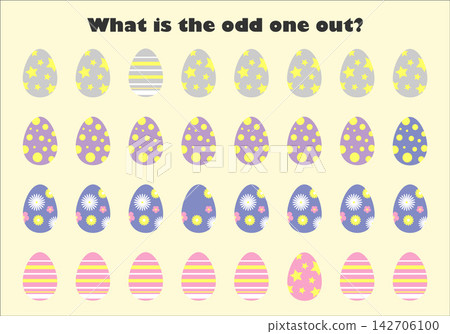 What is the odd one out for children, easter eggs in cartoon style, fun education game for kids, preschool worksheet activity, task for the development of logical thinking, vector illustration What is the odd one out for children, easter eggs in cartoon style, fun education game for kids, preschool worksheet activity, task for the development of logical thinking, vector illustration 142706100