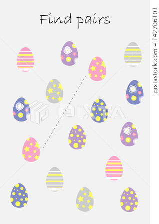 Find pairs of identical pictures, fun education game with easter eggs for children, preschool worksheet activity for kids, task for the development of logical thinking, vector illustration Find pairs of identical pictures, fun education game with easter eggs for children, preschool worksheet activity for kids, task for the development of logical thinking, vector illustration 142706101
