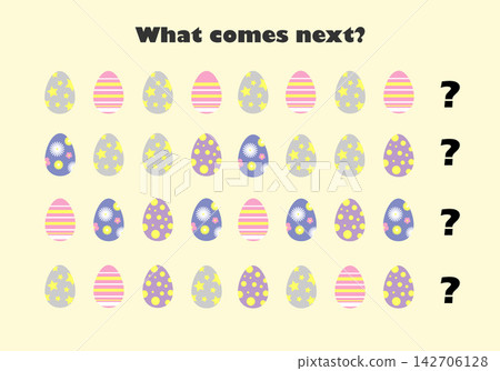 What comes next with easter eggs for children, fun education game for kids, preschool worksheet activity, task for the development of logical thinking, vector illustration 142706128