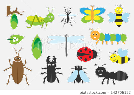 Different colorful insects pictures for children, fun education game for kids, preschool activity, set of stickers, vector illustration Different colorful insects pictures for children, fun education game for kids, preschool activity, set of stickers, vector illustration 142706132