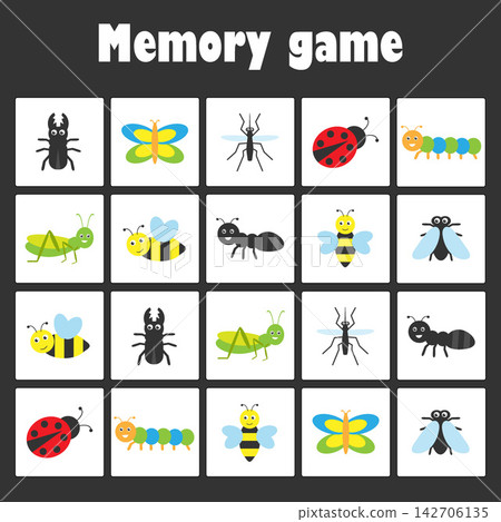 Memory game with pictures -insect theme for children, xmas fun education game for kids, preschool activity, task for the development of logical thinking, vector illustration Memory game with pictures -insect theme for children, xmas fun education game for kids, preschool activity, task for the development of logical thinking, vector illustration 142706135