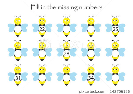 Game with bees for children, fill in the missing numbers, middle level, education game for kids, school worksheet activity, task for the development of logical thinking, vector illustration Game with bees for children, fill in the missing numbers, middle level, education game for kids, school worksheet activity, task for the development of logical thinking, vector illustration 142706136
