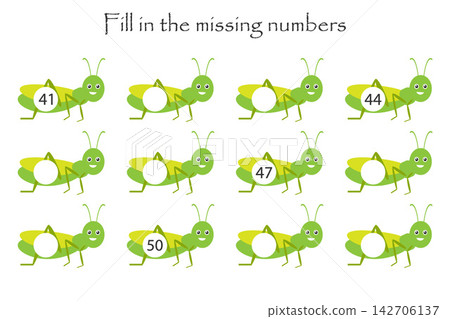 Game with grasshoppers for children, fill in the missing numbers, middle level, education game for kids, school worksheet activity, task for the development of logical thinking, vector illustration Game with grasshoppers for children, fill in the missing numbers, middle level, education game for kids, school worksheet activity, task for the development of logical thinking, vector illustration 142706137