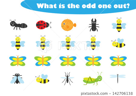 What is the odd one out for children, insects theme in cartoon style, fun education game for kids, preschool worksheet activity, task for the development of logical thinking, vector illustration What is the odd one out for children, insects theme in cartoon style, fun education game for kids, preschool worksheet activity, task for the development of logical thinking, vector illustration 142706138