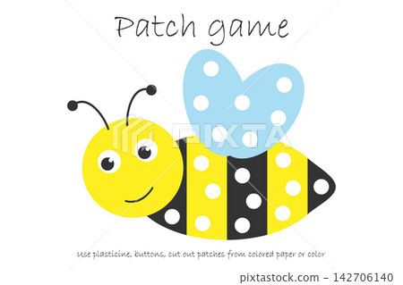 Education Patch game bee for children to develop motor skills, use plasticine patches, buttons, colored paper or color the page, kids preschool activity, printable worksheet, vector illustration Education Patch game bee for children to develop motor skills, use plasticine patches, buttons, colored paper or color the page, kids preschool activity, printable worksheet, vector illustration 142706140