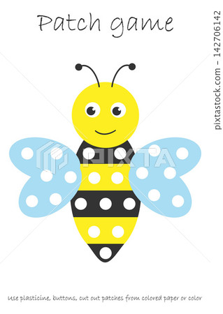 Education Patch game cute bee for children to develop motor skills, use plasticine patches, buttons, colored paper or color the page, kids preschool activity, printable worksheet, vector illustration Education Patch game cute bee for children to develop motor skills, use plasticine patches, buttons, colored paper or color the page, kids preschool activity, printable worksheet, vector illustration 142706142