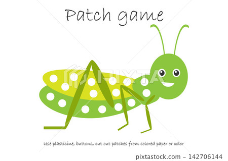 Education Patch game grasshopper for children to develop motor skills, use plasticine patches, buttons, colored paper or color page, kids preschool activity, printable worksheet, vector illustration Education Patch game grasshopper for children to develop motor skills, use plasticine patches, buttons, colored paper or color page, kids preschool activity, printable worksheet, vector illustration 142706144