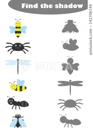 Find the shadow, game with insects for children in cartoon style, education game for kids, preschool worksheet activity, task for the development of logical thinking, vector illustration Find the shadow, game with insects for children in cartoon style, education game for kids, preschool worksheet activity, task for the development of logical thinking, vector illustration 142706149