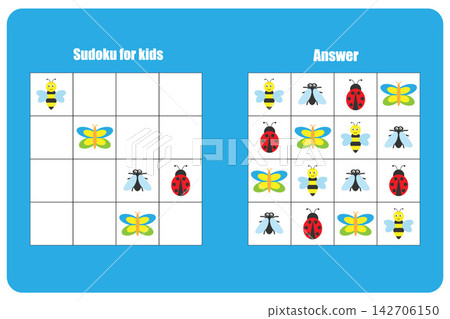 Sudoku game with insects for children, easy level, education game for kids, preschool worksheet activity, task for the development of logical thinking, vector illustration 142706150