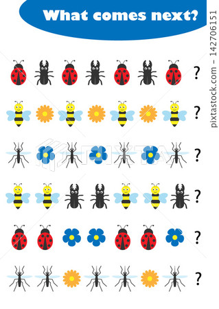 What comes next with insects pictures for children, fun education game for kids, preschool worksheet activity, task for the development of logical thinking, vector illustration 142706151