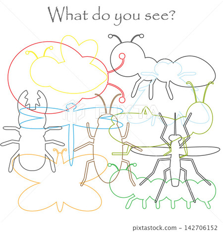 Find hidden objects on the picture, insects theme, mishmash contour set, fun education game for kids, preschool activity for children, vector illustration 142706152