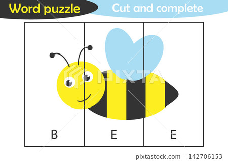 Word puzzle, bee in cartoon style, education game for development of preschool children, use scissors, cut parts of the image and complete the picture, vector illustration 142706153