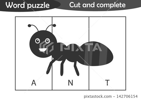 Word puzzle, ant in cartoon style, education game for development of preschool children, use scissors, cut parts of the image and complete the picture, vector illustration Word puzzle, ant in cartoon style, education game for development of preschool children, use scissors, cut parts of the image and complete the picture, vector illustration 142706154