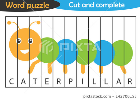 Word puzzle, caterpillar in cartoon style, education game for development of preschool children, use scissors, cut parts of the image and complete the picture, vector illustration Word puzzle, caterpillar in cartoon style, education game for development of preschool children, use scissors, cut parts of the image and complete the picture, vector illustration 142706155