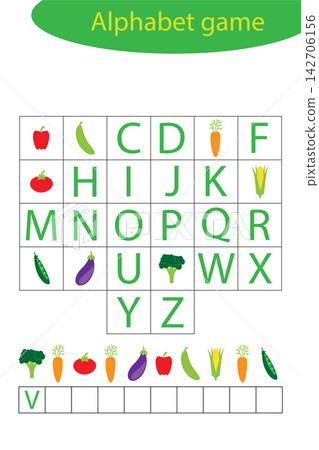 Vegetables alphabet game for children, make a word, preschool worksheet activity for kids, educational spelling scramble game for the development of children, vector illustration Vegetables alphabet game for children, make a word, preschool worksheet activity for kids, educational spelling scramble game for the development of children, vector illustration 142706156