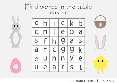 Word search puzzle for children, easter theme, fun education game for kids, preschool worksheet activity, vector illustration 142706229
