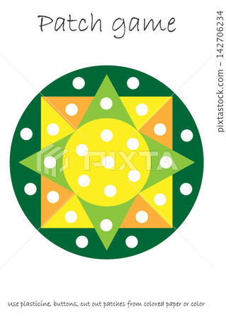 Education Patch game mandala for children to develop motor skills, use plasticine patches, buttons, colored paper or color the page, kids preschool activity, printable worksheet, vector illustration Education Patch game mandala for children to develop motor skills, use plasticine patches, buttons, colored paper or color the page, kids preschool activity, printable worksheet, vector illustration 142706234