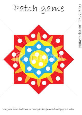Education Patch game mandala for children to develop motor skills, use plasticine patches, buttons, colored paper or color the page, kids preschool activity, printable worksheet, vector illustration Education Patch game mandala for children to develop motor skills, use plasticine patches, buttons, colored paper or color the page, kids preschool activity, printable worksheet, vector illustration 142706235
