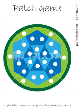 Education Patch game mandala for children to develop motor skills, use plasticine patches, buttons, colored paper or color the page, kids preschool activity, printable worksheet, vector illustration Education Patch game mandala for children to develop motor skills, use plasticine patches, buttons, colored paper or color the page, kids preschool activity, printable worksheet, vector illustration 142706236