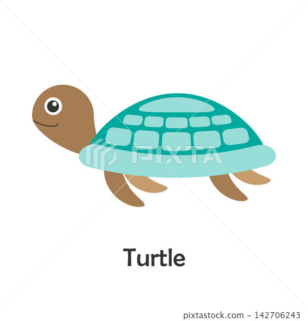 Turtle in cartoon style, marine card with ocean animal for kid, preschool activity for children, vector illustration Turtle in cartoon style, marine card with ocean animal for kid, preschool activity for children, vector illustration 142706243