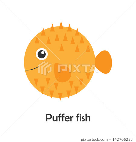 Puffer fish in cartoon style, marine card with ocean animal for kid, preschool activity for children, vector illustration Puffer fish in cartoon style, marine card with ocean animal for kid, preschool activity for children, vector illustration 142706253