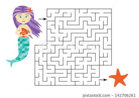 Labyrinth game, help the mermaid to find a way out of the maze, cute cartoon character, preschool worksheet activity for kids, task for the development of logical thinking, vector illustration Labyrinth game, help the mermaid to find a way out of the maze, cute cartoon character, preschool worksheet activity for kids, task for the development of logical thinking, vector illustration 142706261