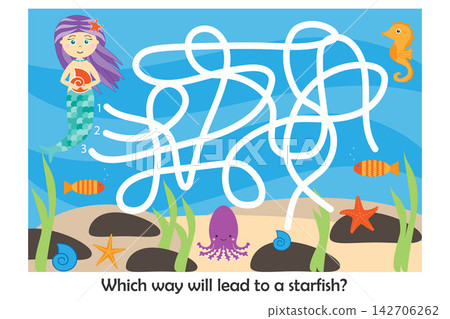 Labyrinth game, help the mermaid to find a way to the starfish, cute cartoon character, preschool worksheet maze activity for kids, task for the development of logical thinking, vector illustration 142706262