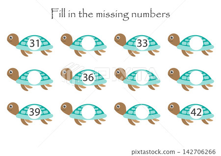 Game with turtles for children, fill in the missing numbers, middle level, education game for kids, school worksheet activity, task for the development of logical thinking, vector illustration Game with turtles for children, fill in the missing numbers, middle level, education game for kids, school worksheet activity, task for the development of logical thinking, vector illustration 142706266