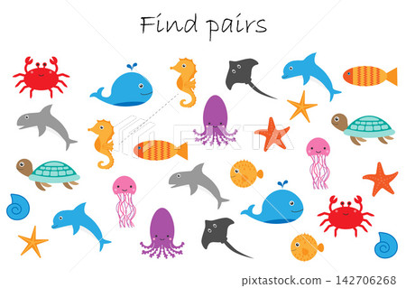 Find pairs of identical pictures, fun education game with different ocean animals for children, preschool worksheet activity for kids, task for the development of logical thinking, vector illustration Find pairs of identical pictures, fun education game with different ocean animals for children, preschool worksheet activity for kids, task for the development of logical thinking, vector illustration 142706268