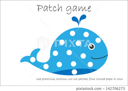 Education Patch game whale for children to develop motor skills, use plasticine patches, buttons, colored paper or color the page, kids preschool activity, printable worksheet, vector illustration Education Patch game whale for children to develop motor skills, use plasticine patches, buttons, colored paper or color the page, kids preschool activity, printable worksheet, vector illustration 142706273