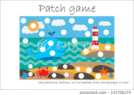 Education Patch game sea life for children to develop motor skills, use plasticine patches, buttons, colored paper or color the page, kid preschool activity, printable worksheet, vector illustration Education Patch game sea life for children to develop motor skills, use plasticine patches, buttons, colored paper or color the page, kid preschool activity, printable worksheet, vector illustration 142706274