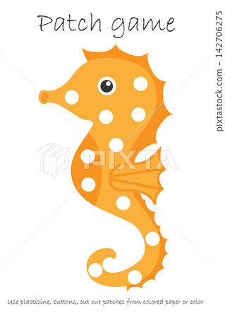 Education Patch game sea horse for children to develop motor skills, use plasticine patches, buttons, colored paper or color the page, kids preschool activity, printable worksheet, vector illustration Education Patch game sea horse for children to develop motor skills, use plasticine patches, buttons, colored paper or color the page, kids preschool activity, printable worksheet, vector illustration 142706275