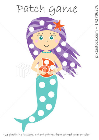 Education Patch game mermaid for children to develop motor skills, use plasticine patches, buttons, colored paper or color the page, kids preschool activity, printable worksheet, vector illustration Education Patch game mermaid for children to develop motor skills, use plasticine patches, buttons, colored paper or color the page, kids preschool activity, printable worksheet, vector illustration 142706276