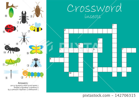 Crossword for children, insect theme, fun education game for kids, preschool worksheet activity, vector illustration Crossword for children, insect theme, fun education game for kids, preschool worksheet activity, vector illustration 142706315