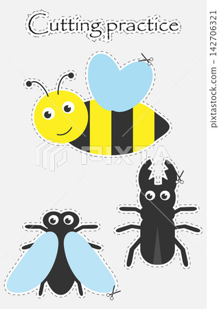 Cute insects in cartoon style, cutting practice, education game for the development of preschool children, use scissors, cut the images, vector illustration Cute insects in cartoon style, cutting practice, education game for the development of preschool children, use scissors, cut the images, vector illustration 142706321